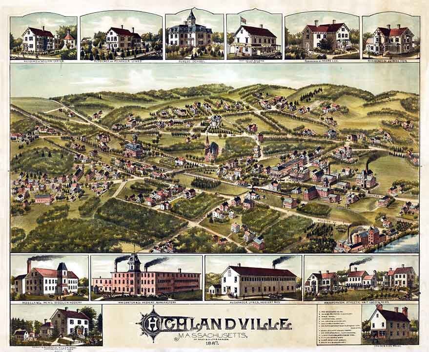 1887 Panoramic Map of Highlandville Massachusetts