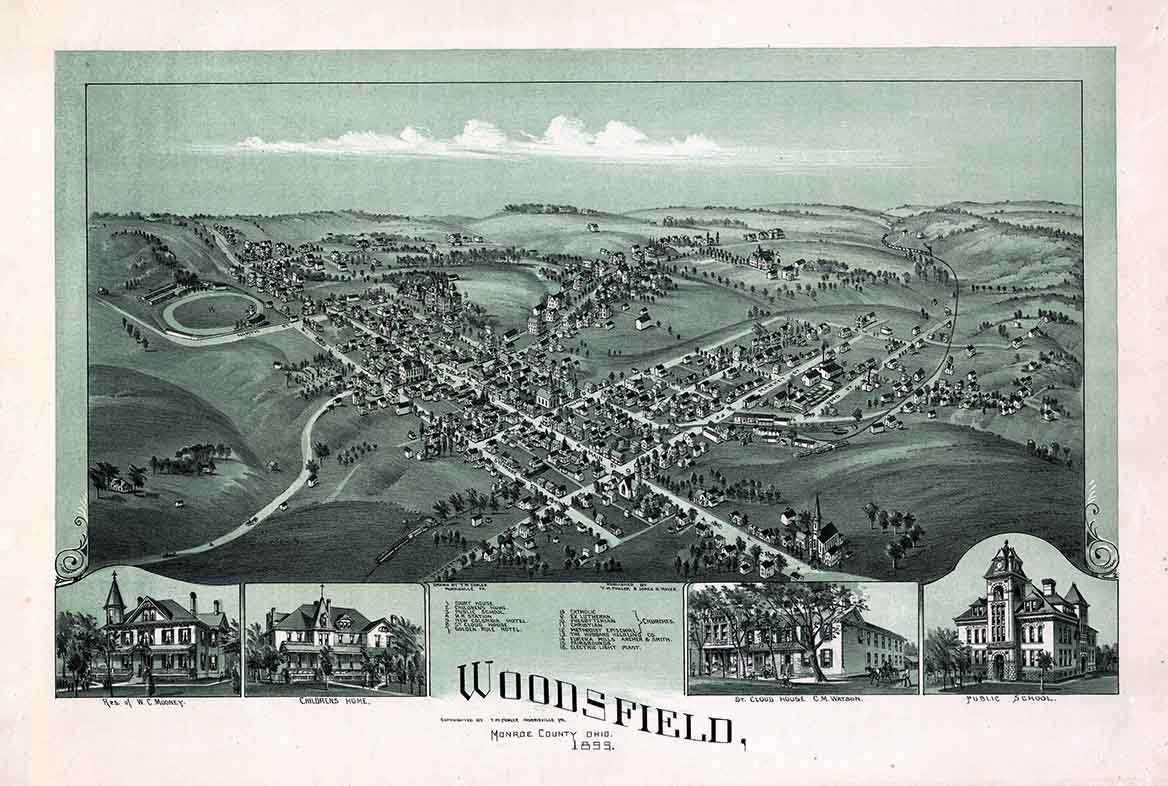 1899 Panoramic Map of Woodsfield Monroe County Ohio