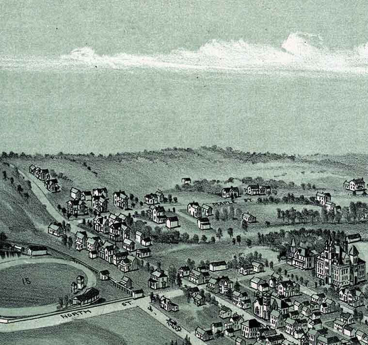 1899 Panoramic Map of Woodsfield Monroe County Ohio