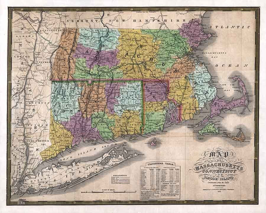 1831 Map of Massachusetts Connecticut and Rhode Island