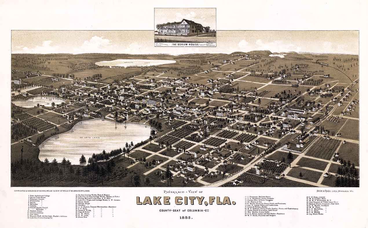 1885 Panoramic Map of Lake City Columbia County Florida