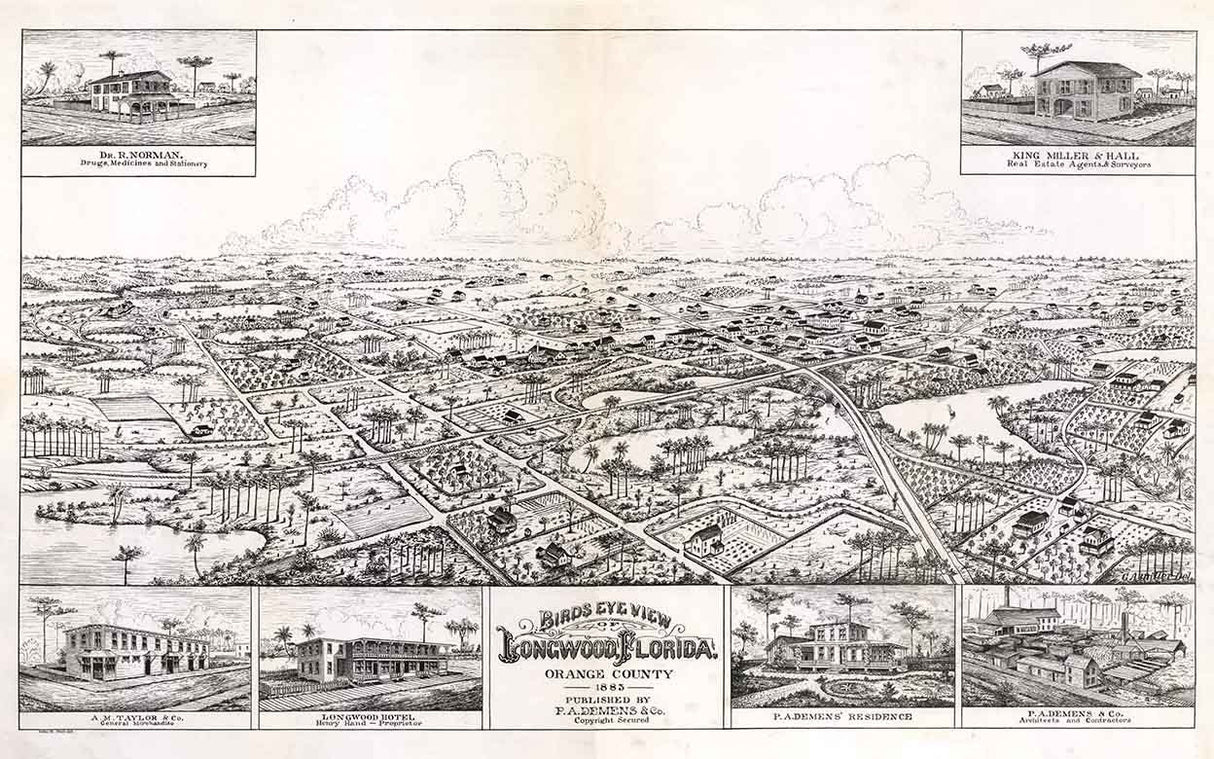 1885 Panoramic Map of Longwood Orange County Florida