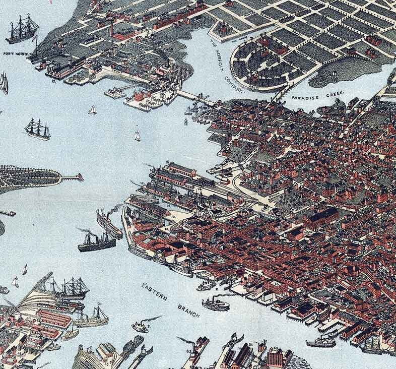 1891 Panoramic Map of Norfolk Portsmouth Berkley Norfolk County Virginia