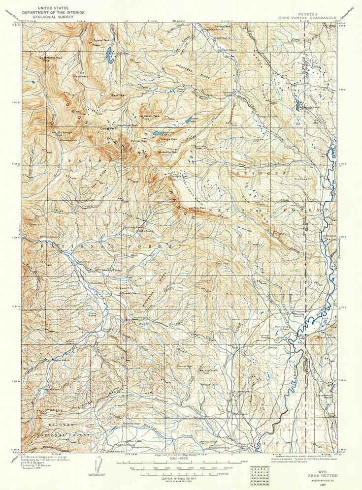 1907 Topo Map of Gros Ventre Wyoming
