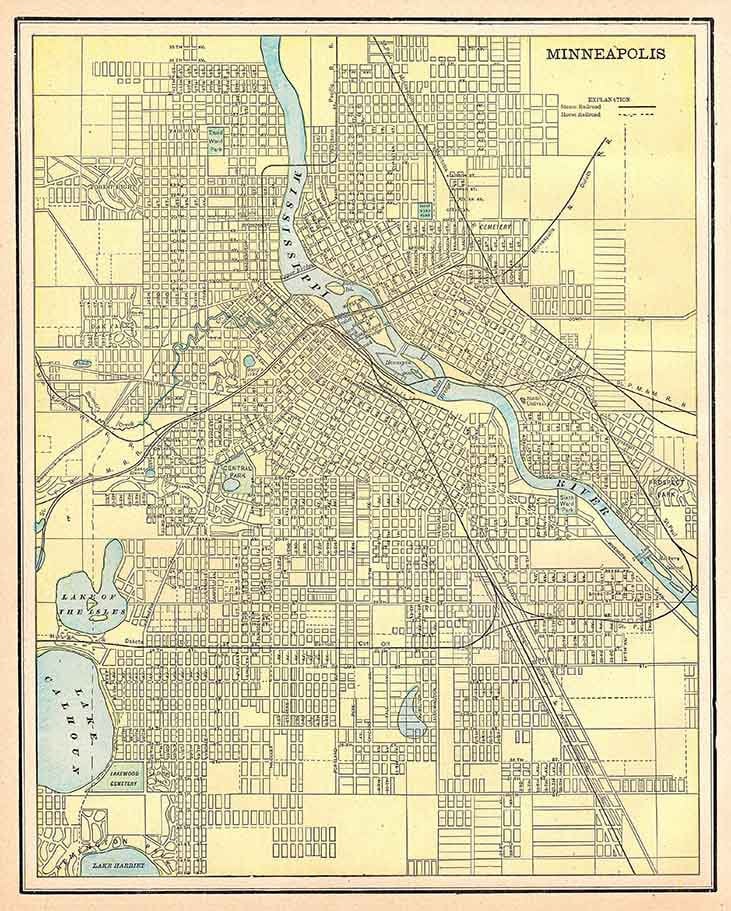 1900 Map of Minneapolis Minnesota Mississippi River