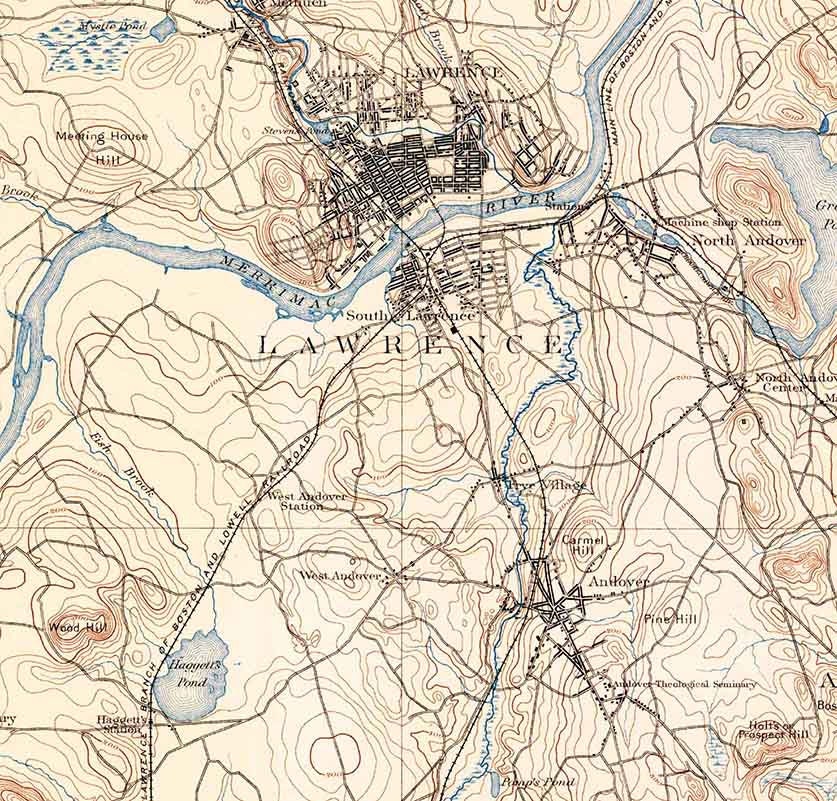 1888 Topo Map of Lawrence Massachusetts Quadrangle