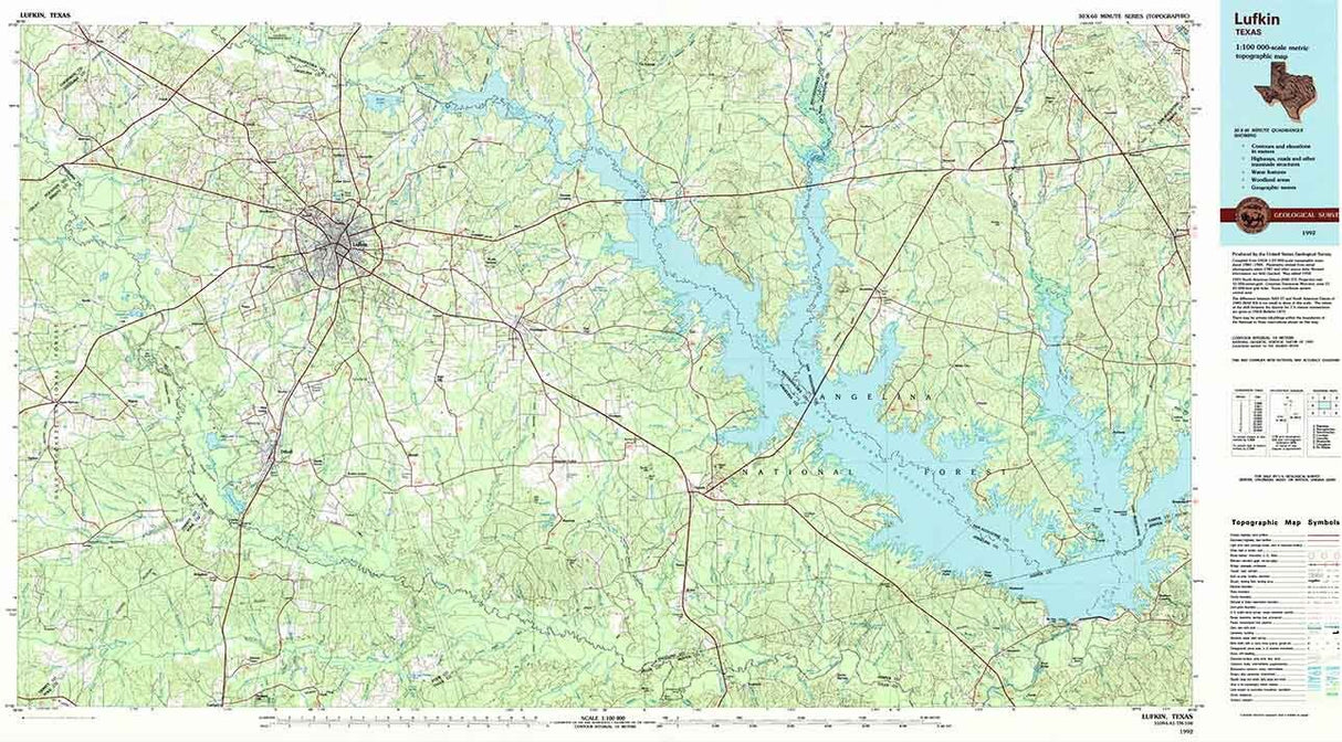 1992 Topo Map of Lufkin Texas Quadrangle Sam Rayburn Reservoir