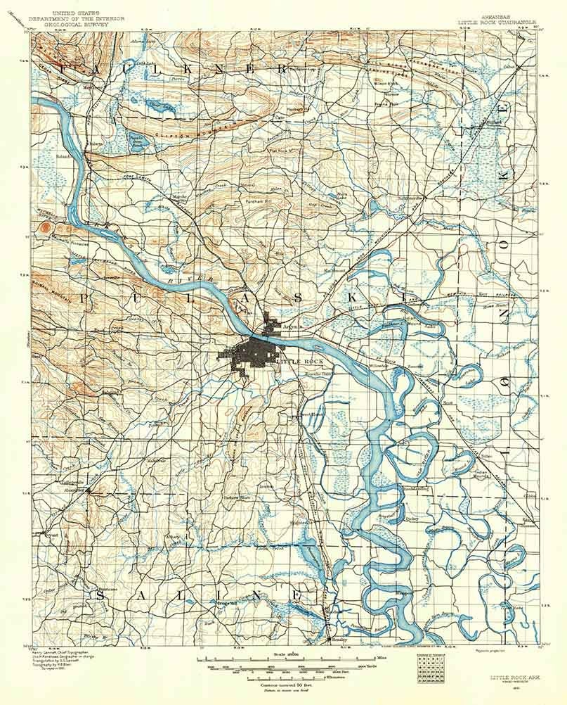 1891 Topo Map of Little Rock Arkansas Taulkner Saline