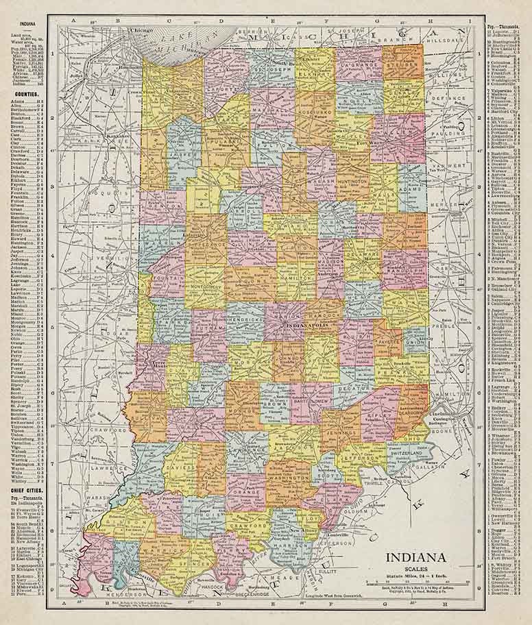 1912 County Map of Indiana