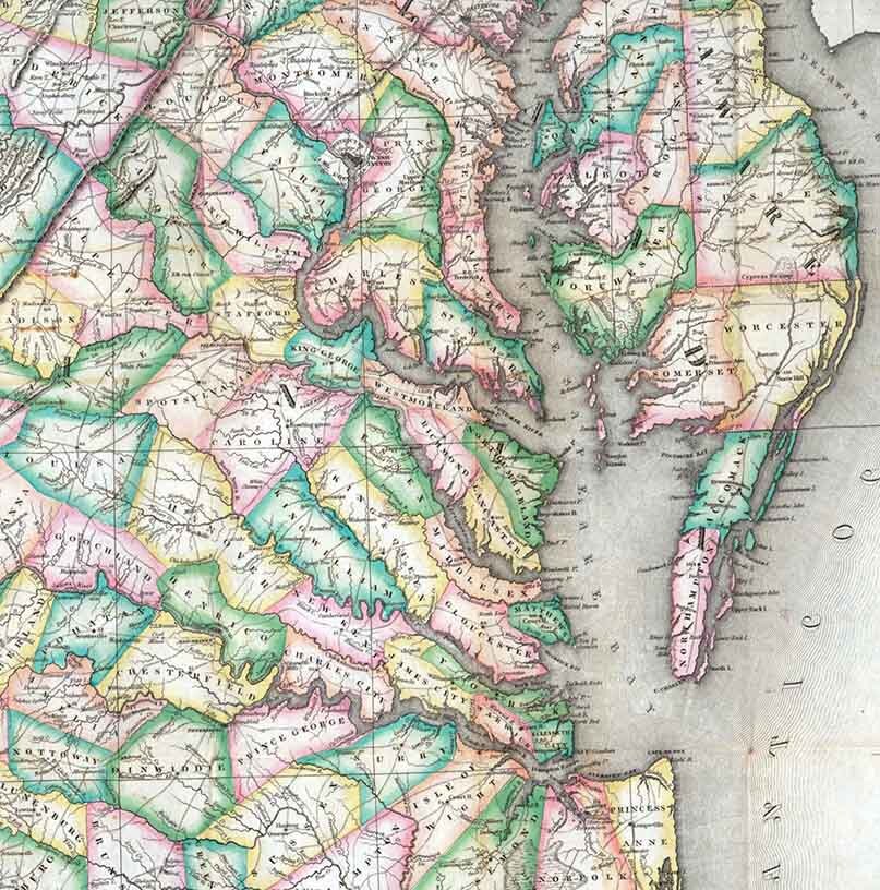 1827 Map of Virginia Maryland and Delaware