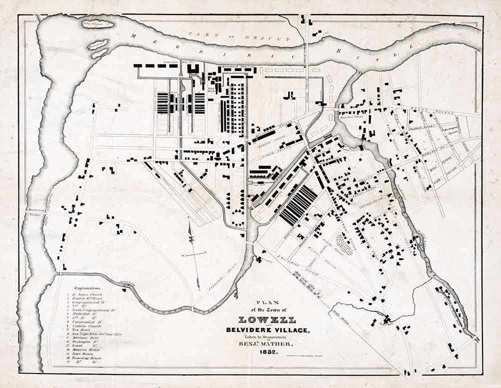1832 Map of Lowell and Belvidere Village Massachusetts