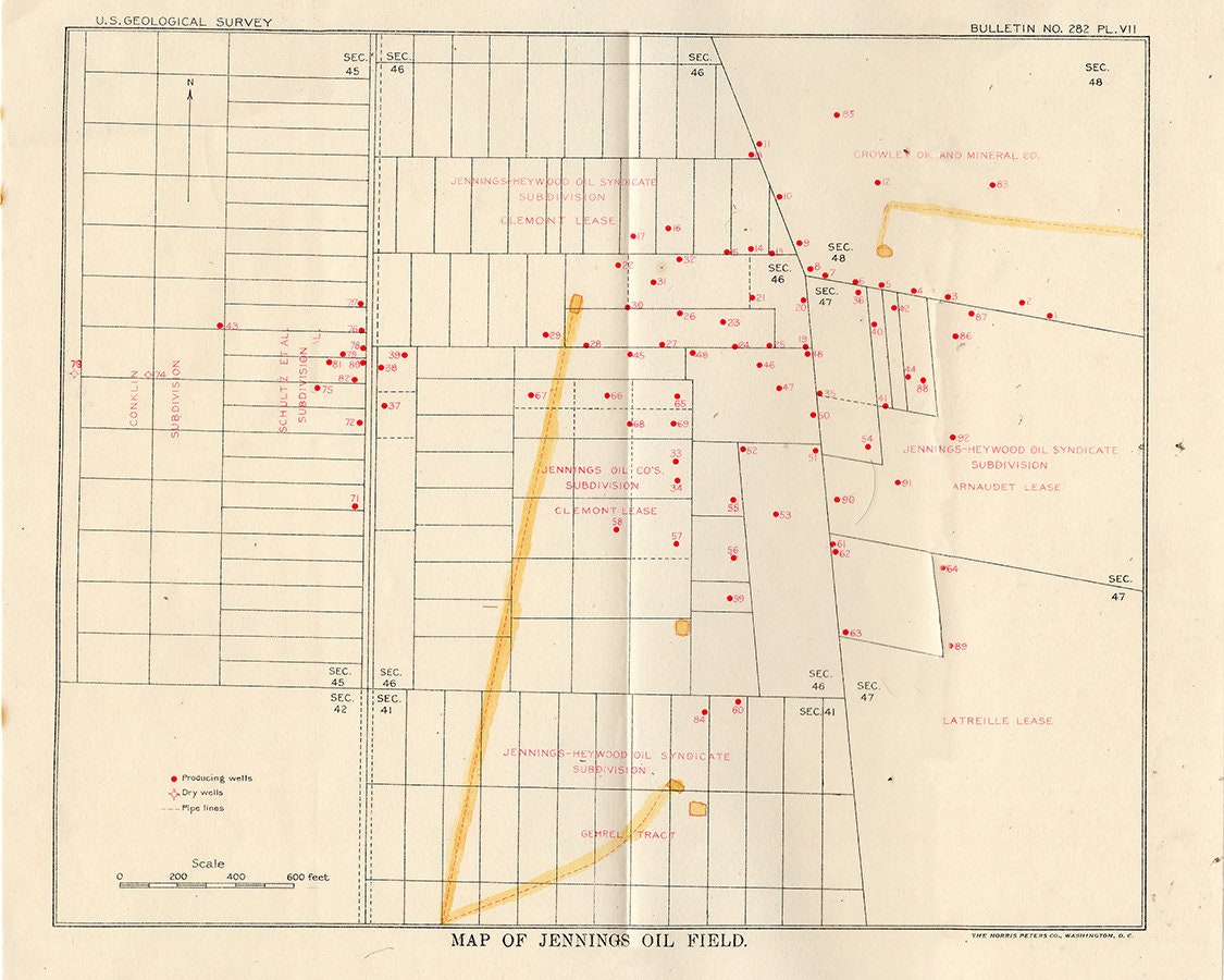1906 Map of Jennings Oil Field Wells Arcadia Parrish Louisiana
