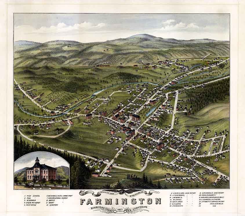 1877 Panoramic Map of Farmington Stafford County New Hampshire