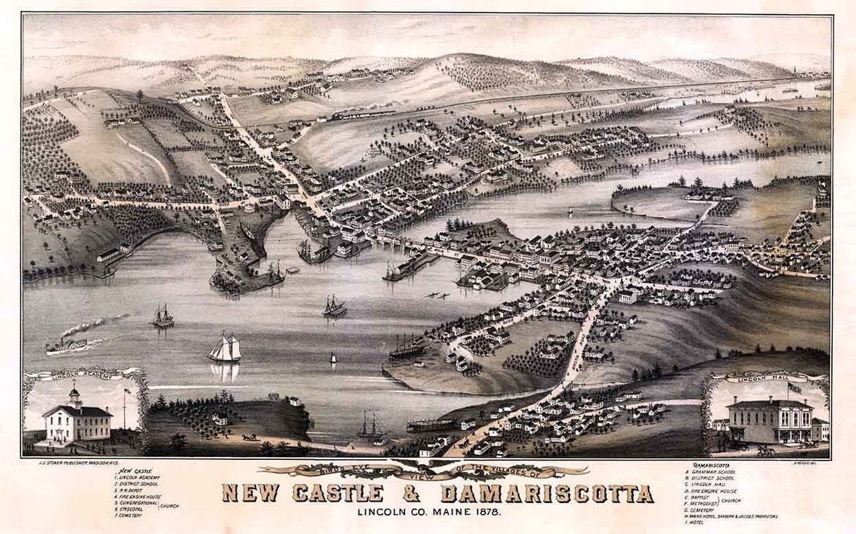 1878 Panoramic Map of New Castle and Damariscotta Maine