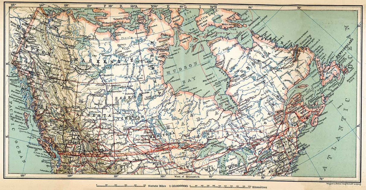 1907 Map of Canada Lake Superior Hudson Bay Yukon Mackenzie