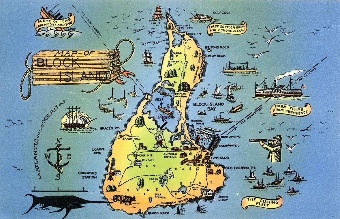 Cartoon Map of Block Island Rhode Island