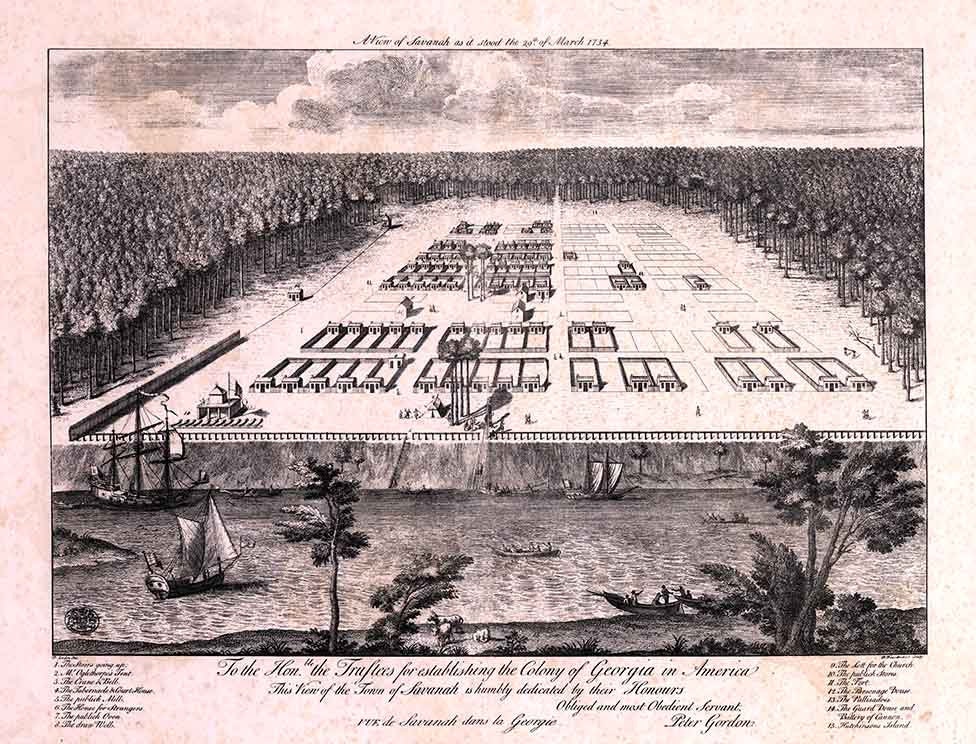1734 Panoramic Map of Savannah Georgia