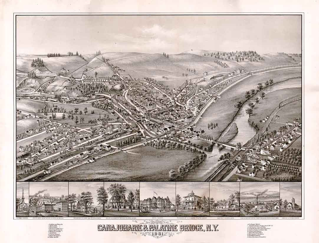 1881 Panoramic Map of Canajoharie Palatine Bridge New York