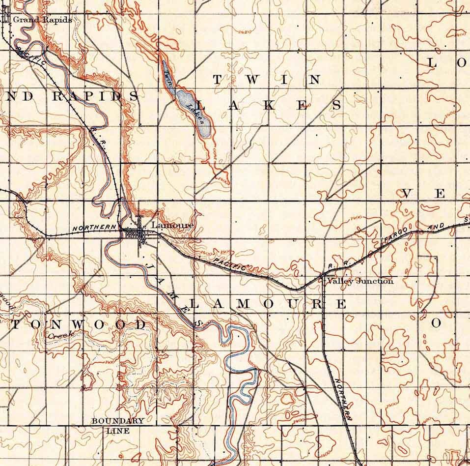 1895 Topo Map of Lamoure North Dakota Grand Rapids