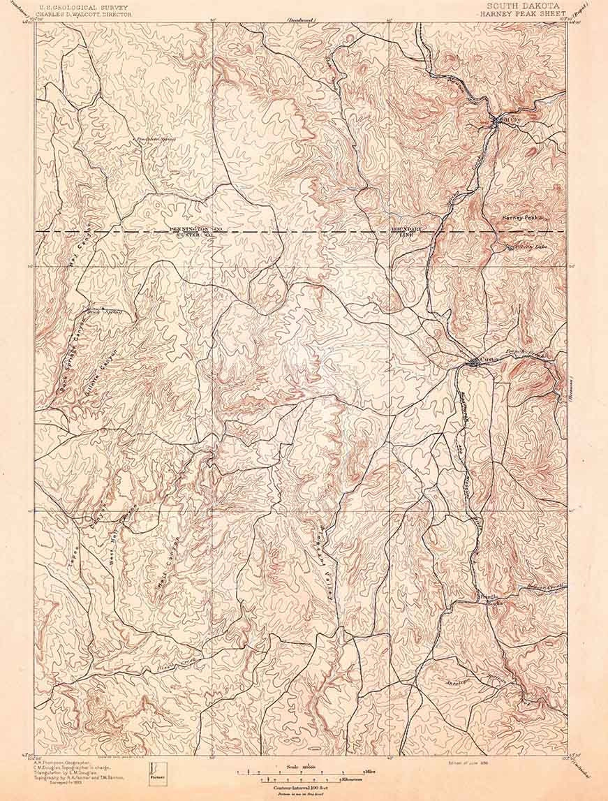 1896 Topo Map of Harney Peak South Dakota
