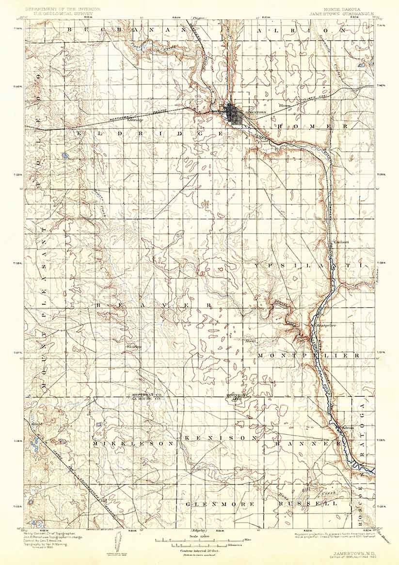 1896 Topo Map of Jamestown North Dakota
