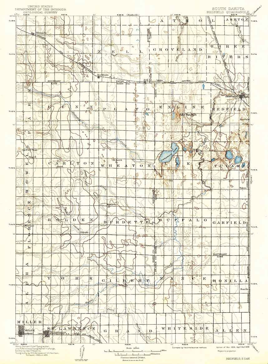 1899 Topo Map of Redfield South Dakota