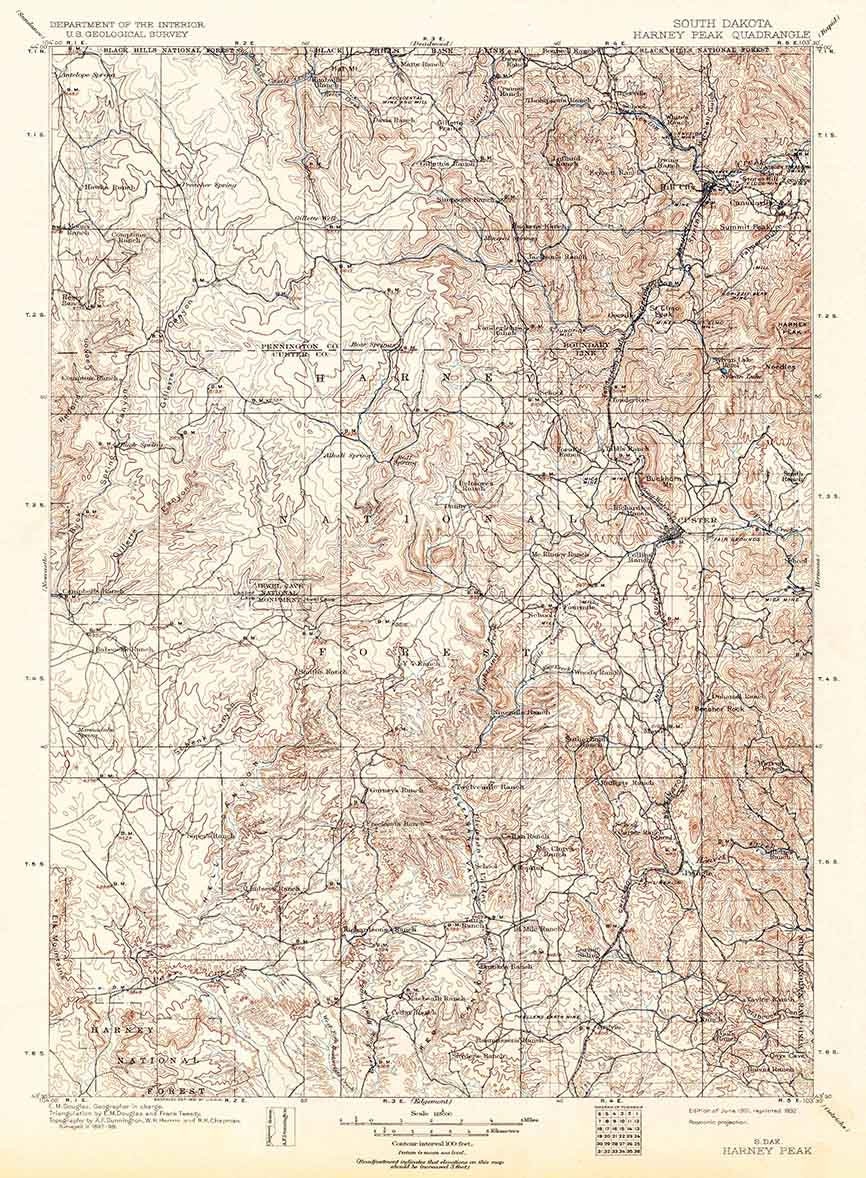 1901 Topo Map of Harney Peak South Dakota Jewel Cave