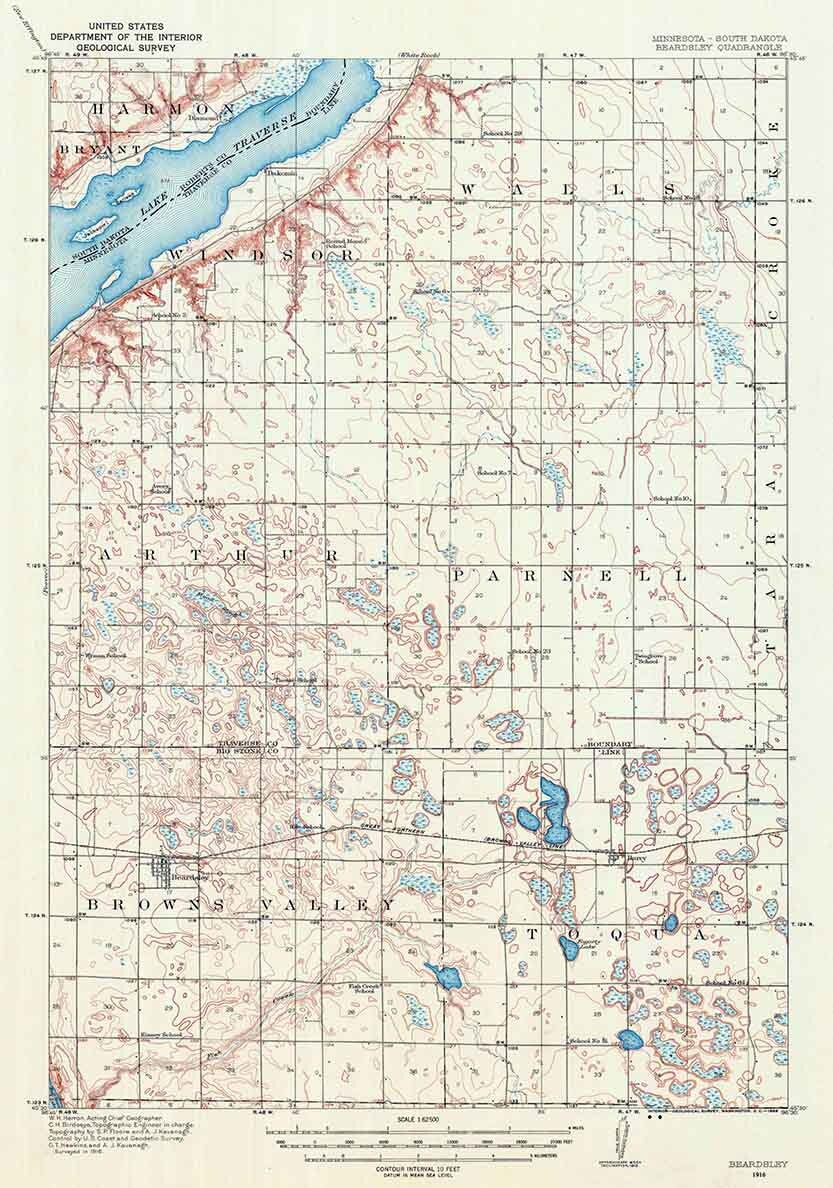1916 Topo Map of Beardsley Minnesota