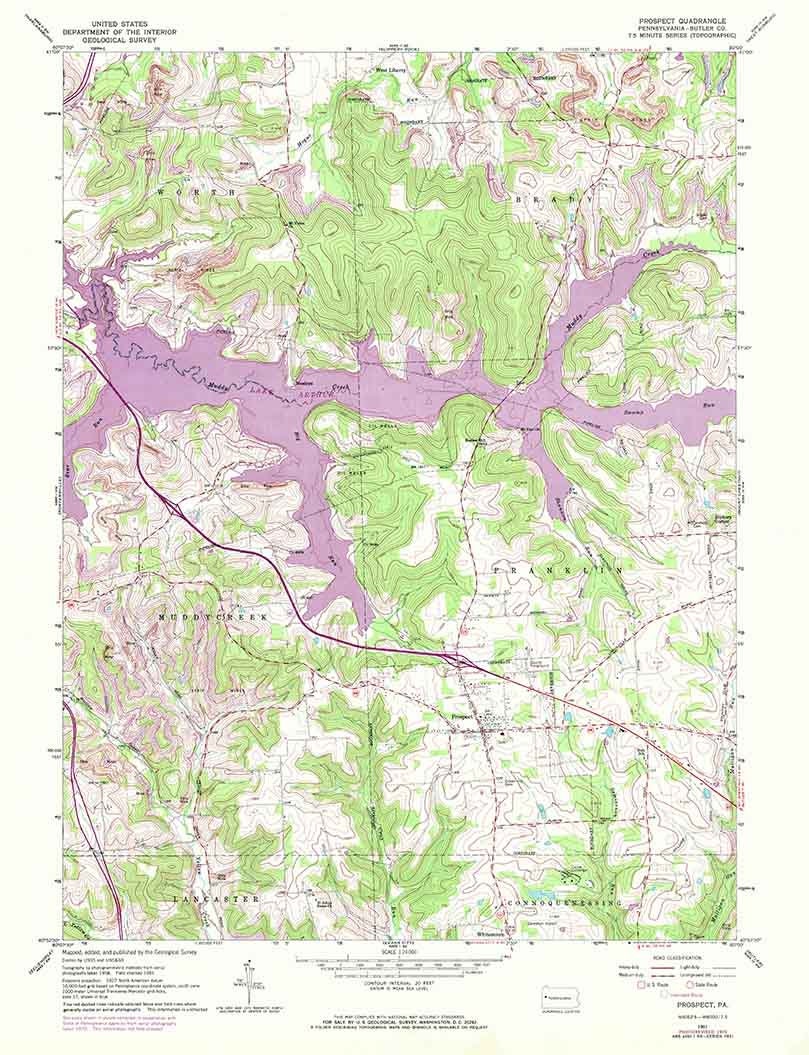 1961 Topo Map of Prospect PA Quadrangle Moraine State Park Lake Arthur