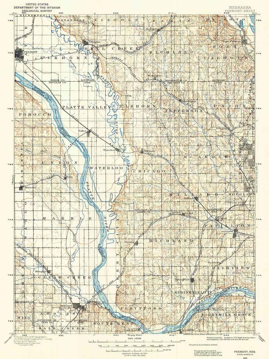 1893 Topo Map of Fremont Nebraska Ashland
