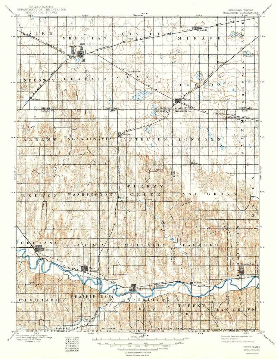 1896 Topo Map of Holdrege Nebraska Orleans Wilcox