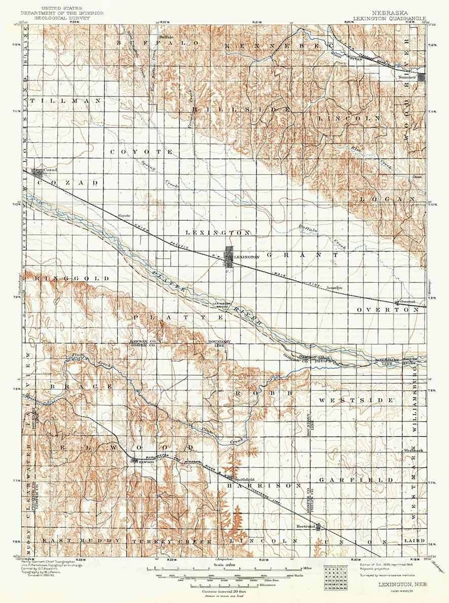1899 Topo Map of Lexington Nebraska Cozad Elwood