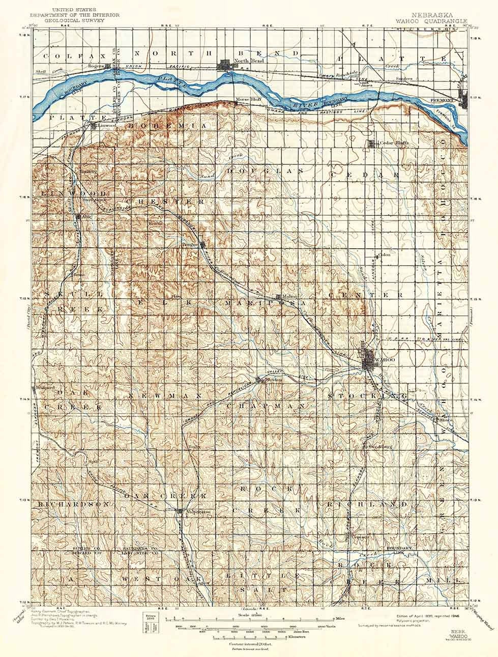 1899 Topo Map of Wahoo Nebraska Platte River