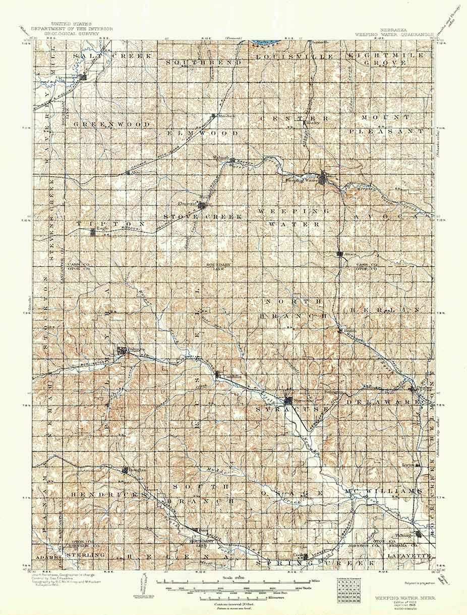 1903 Topo Map of Weeping Water Nebraska Syracuse