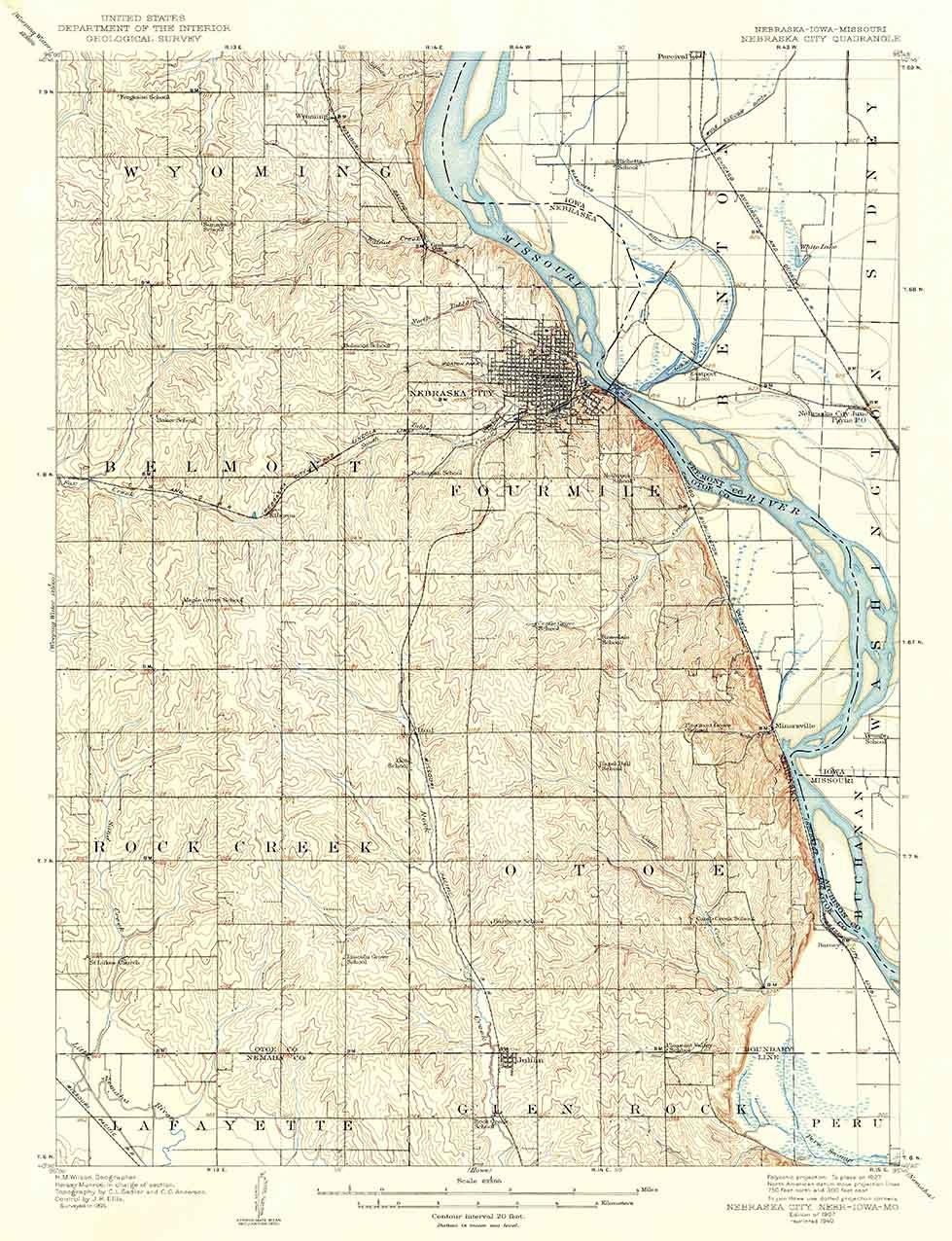 1907 Topo Map of Nebraska City Nebraska