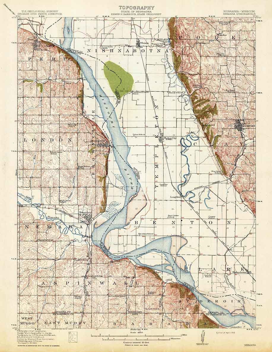 1915 Topo Map of Nemaha Nebraska Missouri