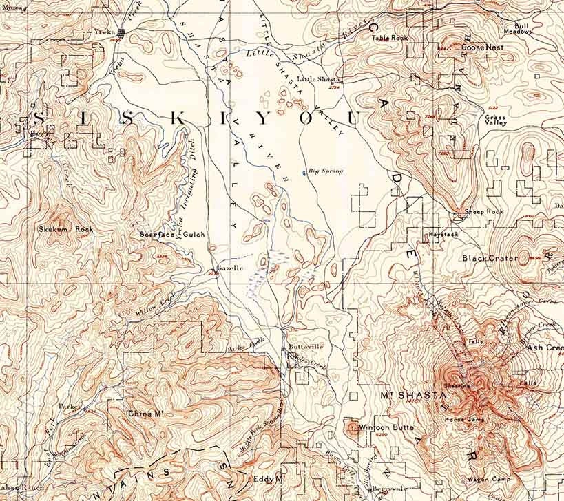 1894 Topo Map of Shasta California Siskiyou Mt Shasta