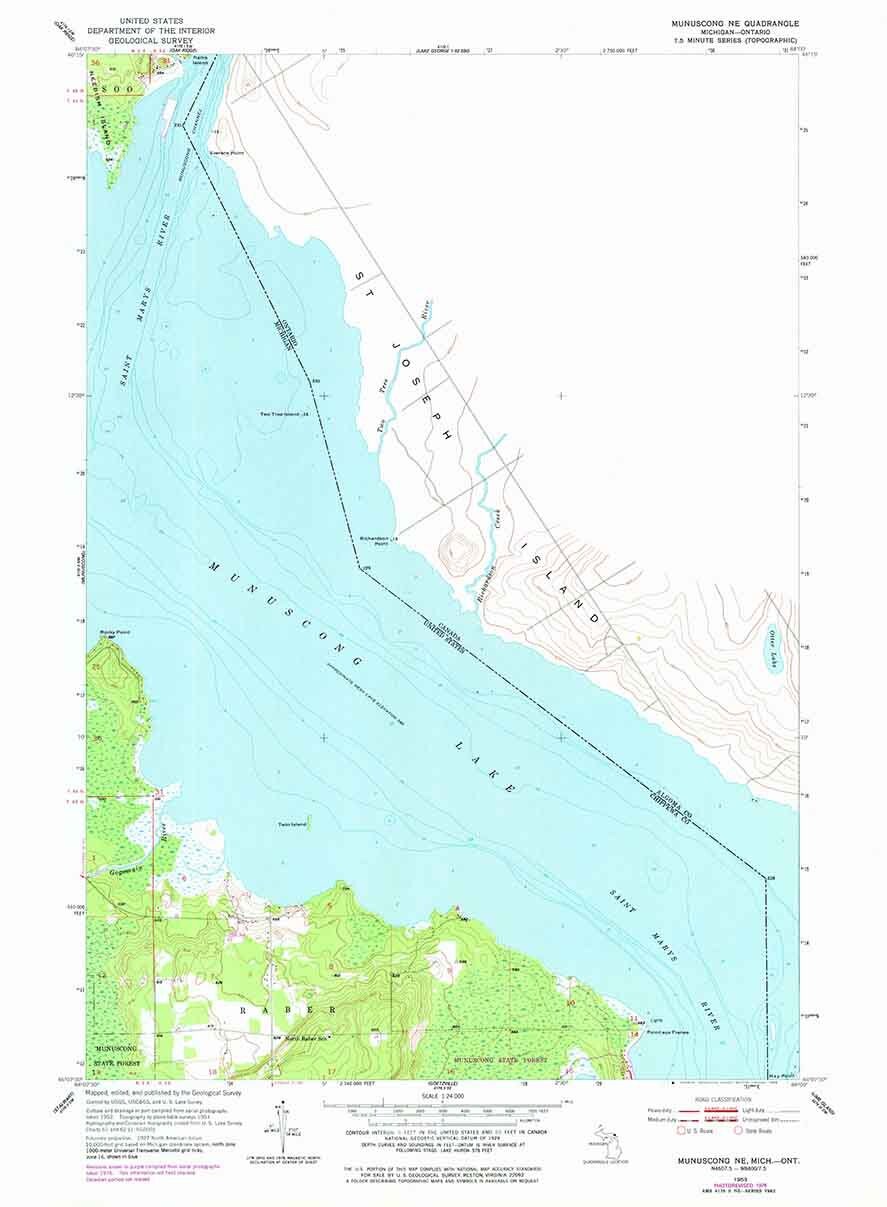 1953 Topo Map of Munuscong NE Michigan St Joseph Island