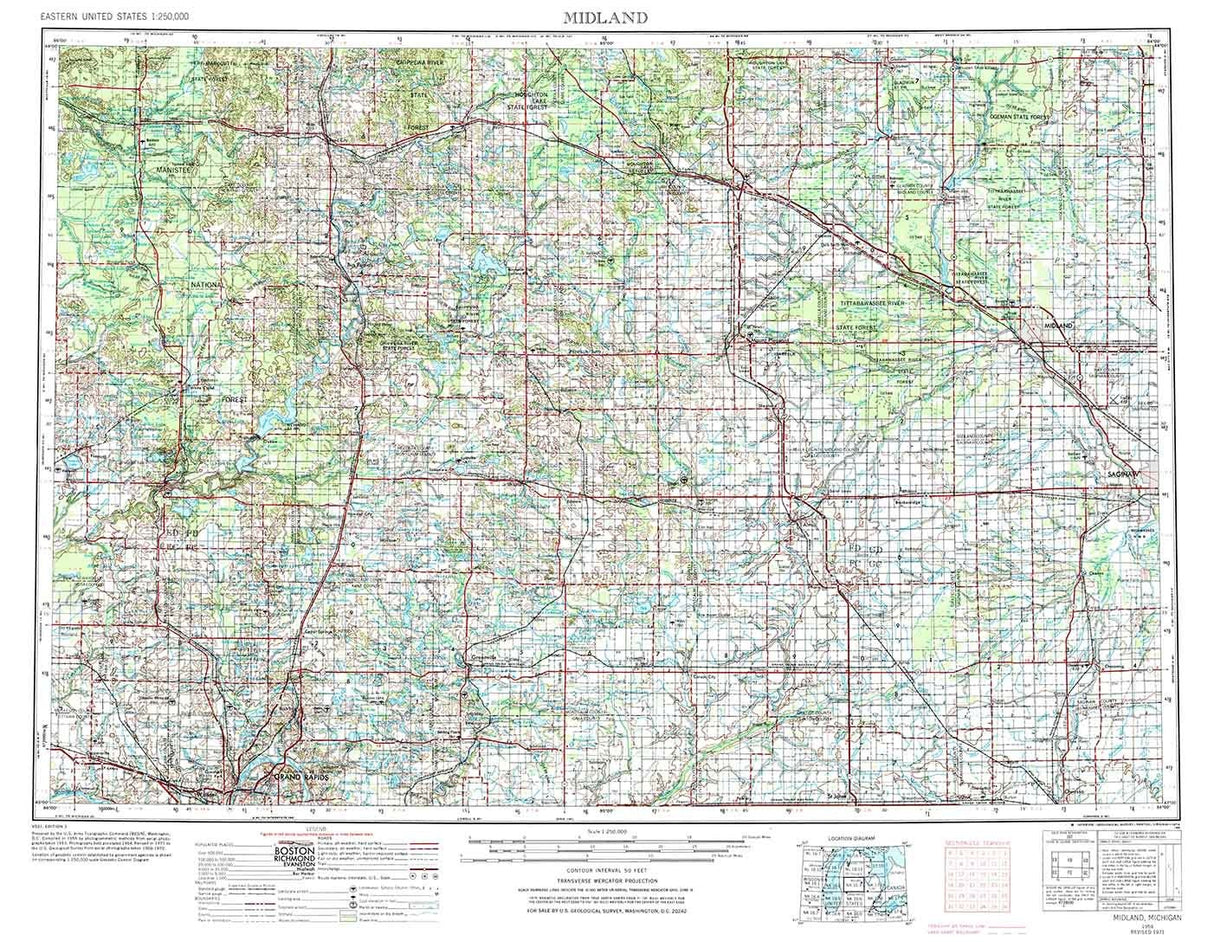 1954 Topo Map of Midland Michigan Manistee National Forest