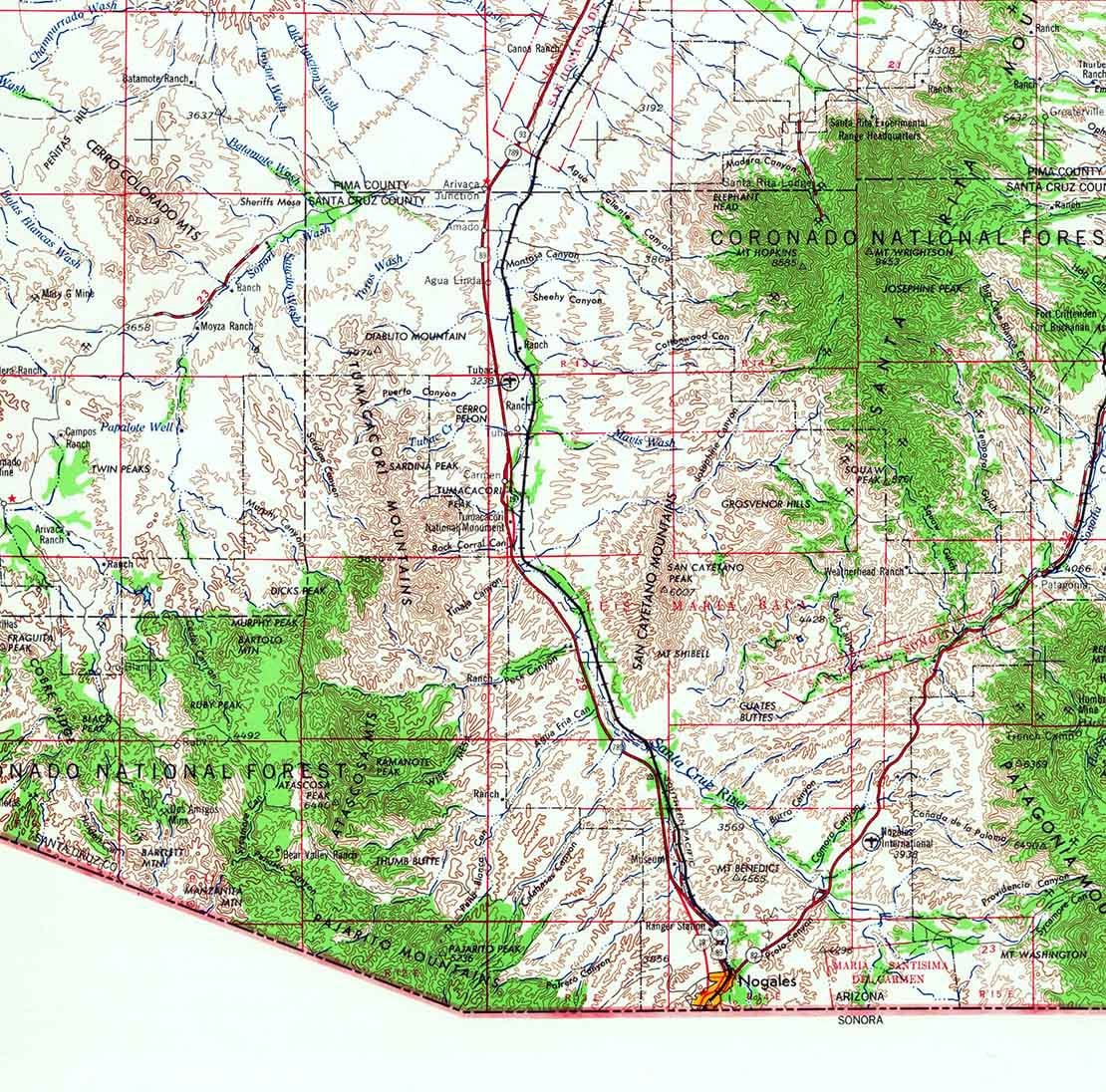 1956 Topo Map of Nogales Arizona Coronado National Forest