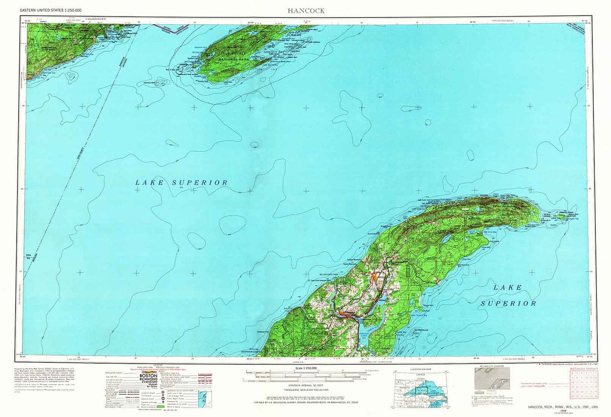 1958 Topo Map of Hancock Michigan Lake Superior