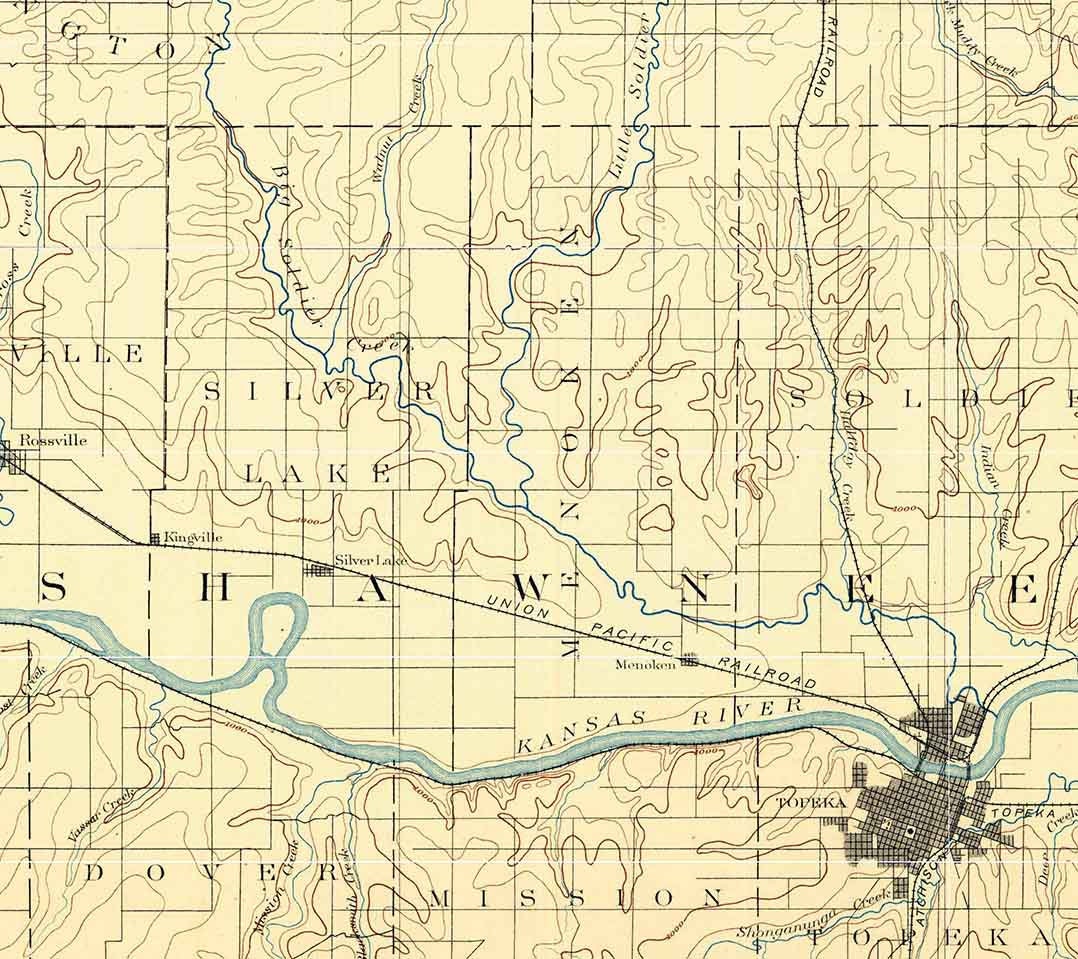 1889 Topo Map of Topeka Kansas Pottawatomie Indian