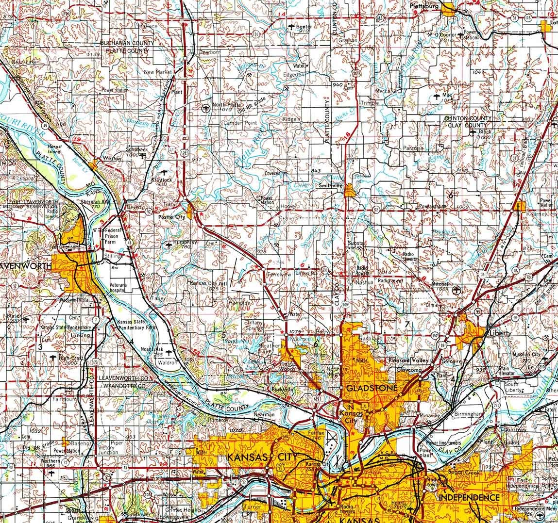1956 Topo Map of Kansas City Kansas Missouri Topeka Saint Joseph