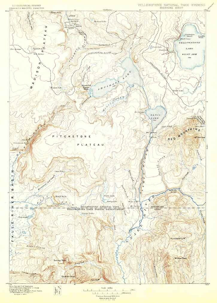 1888 Topo Map of Shoshone Wyoming Yellowstone Lake Snake River