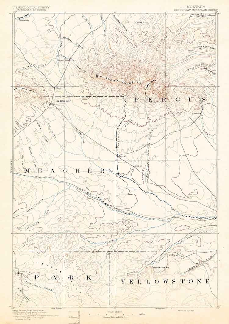 1893 Topo Map of Big Snowy Mountain Montana Yellowstone