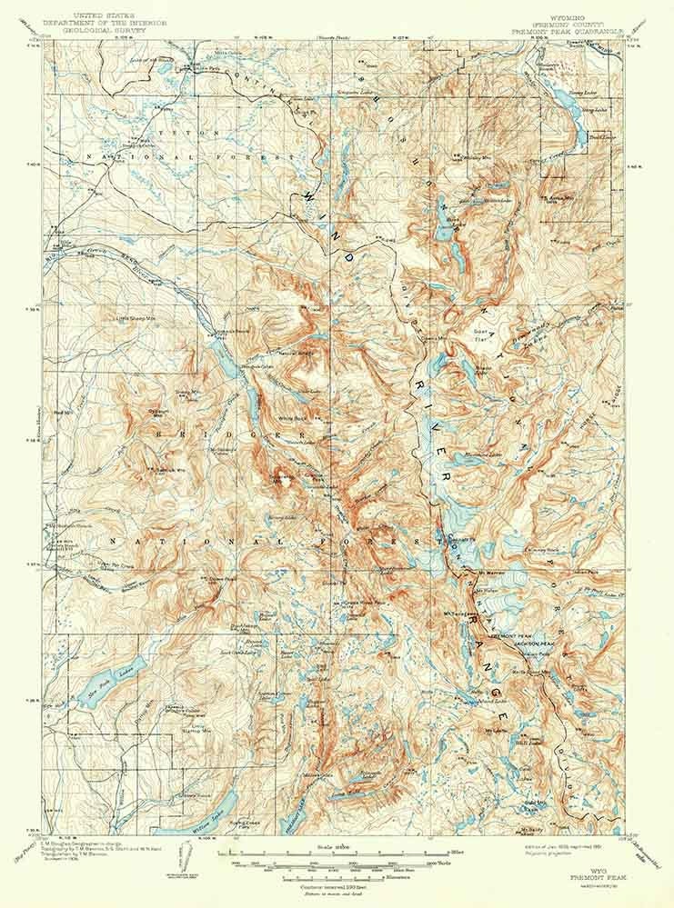 1909 Topo Map of Fremont Peak Wyoming Wind River Range