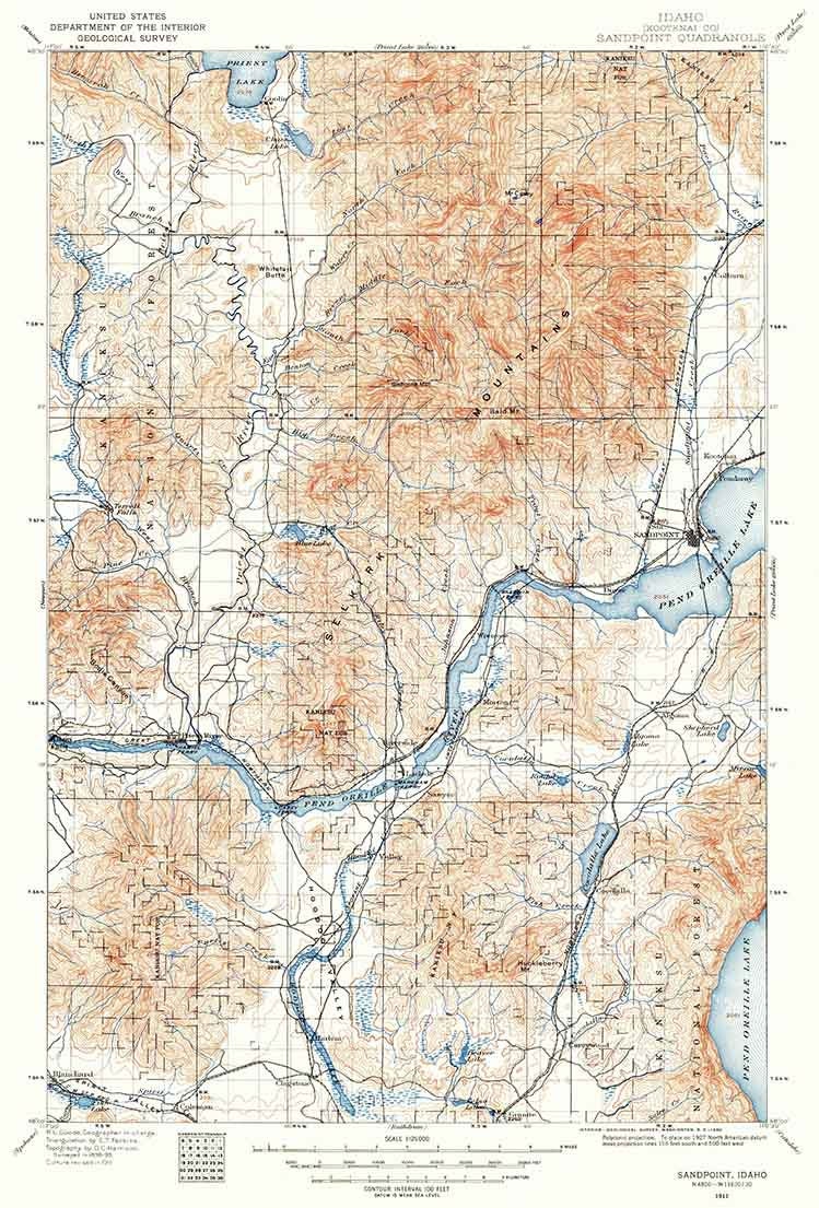 1911 Topo Map of Sandpoint Idaho Selkirk Mountains Pend Oreille Lake