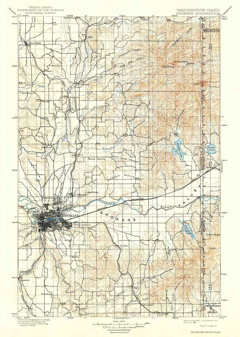 1901 Topo Map of Spokane Washington Newman Lake