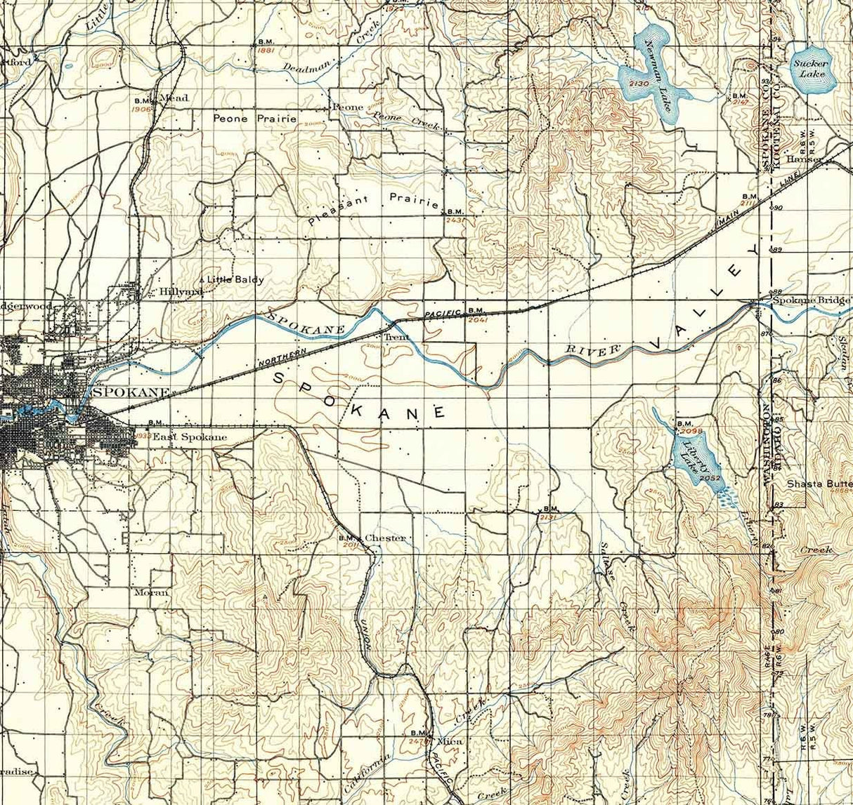 1901 Topo Map of Spokane Washington Newman Lake