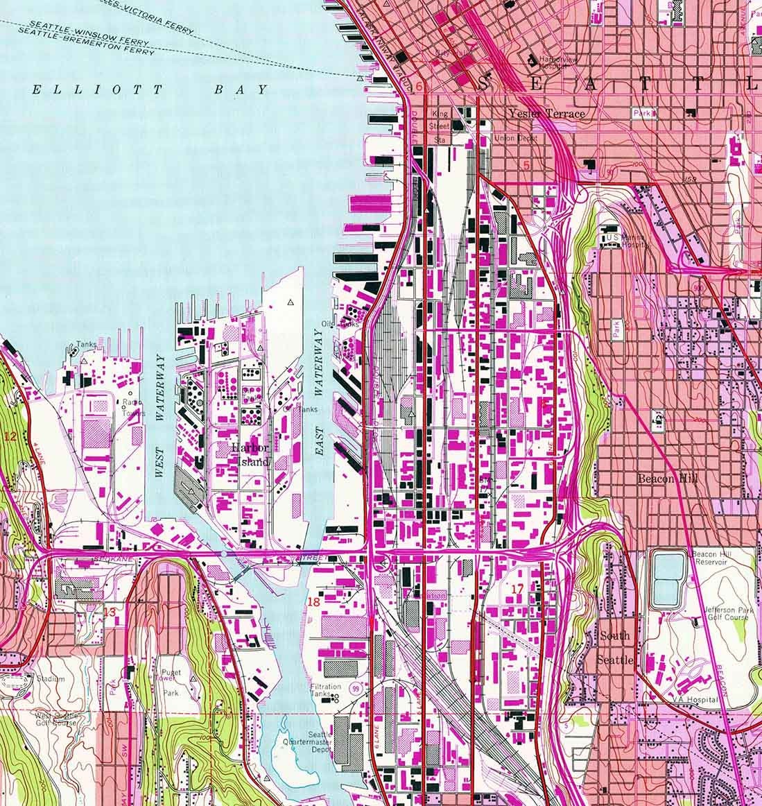1949 Topo Map of Seattle South Washington Lake Washington